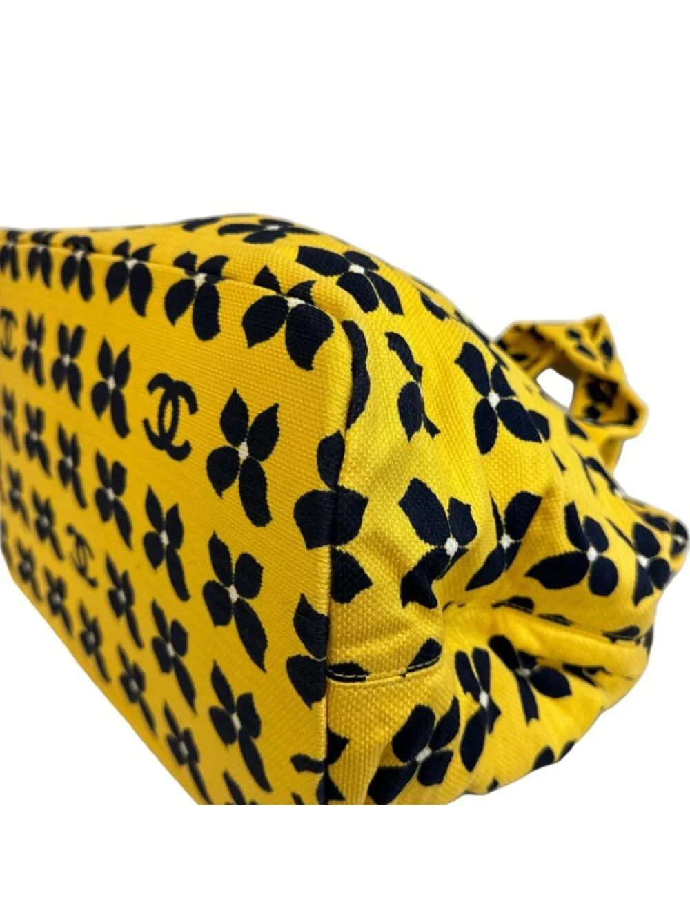 Chanel CC Logo Flower All Over Print Canvas Handbag Yellow Navy Bag